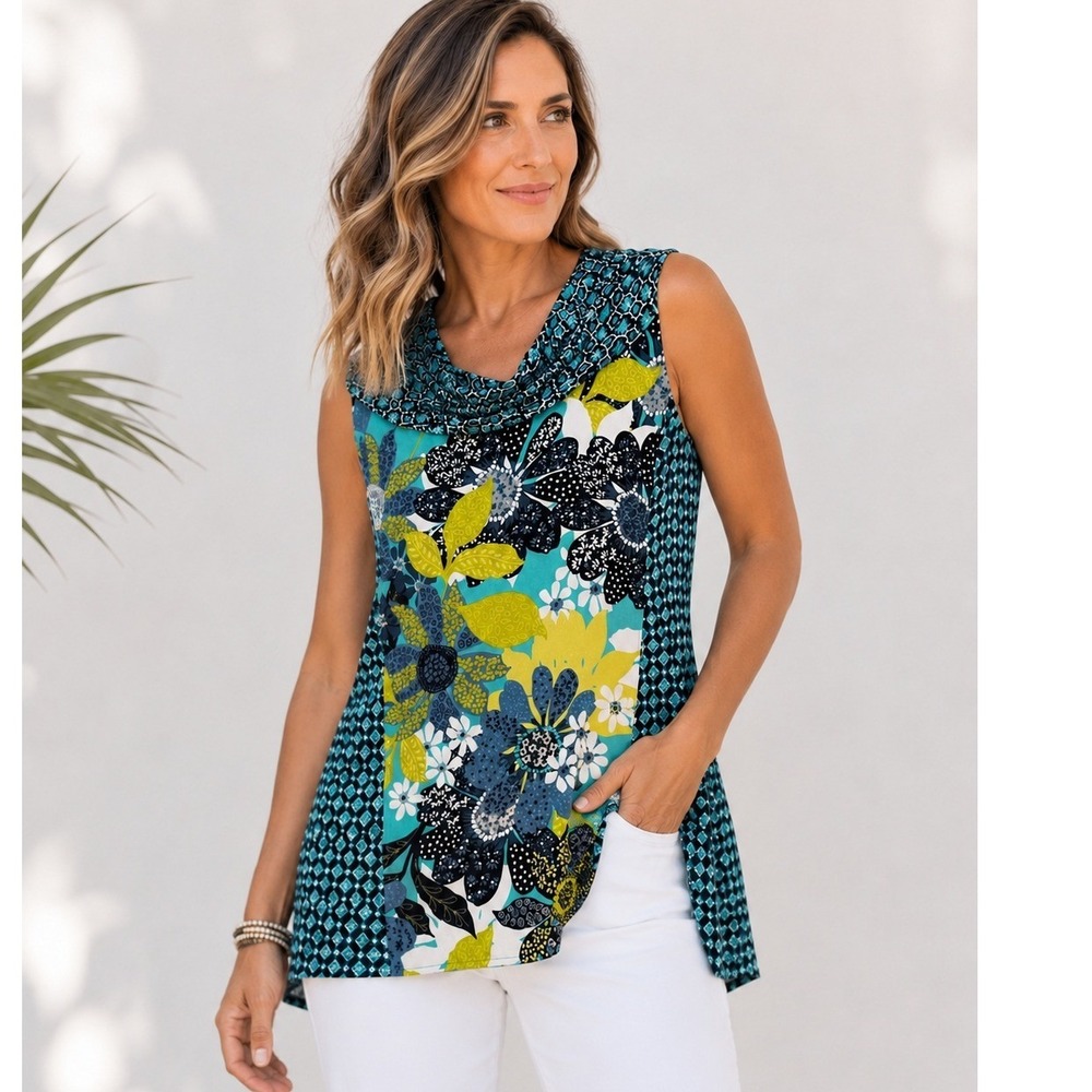 Habitat Cowl Neck Mixed Print Tunic Top Blue Floral Sleeveless Medium